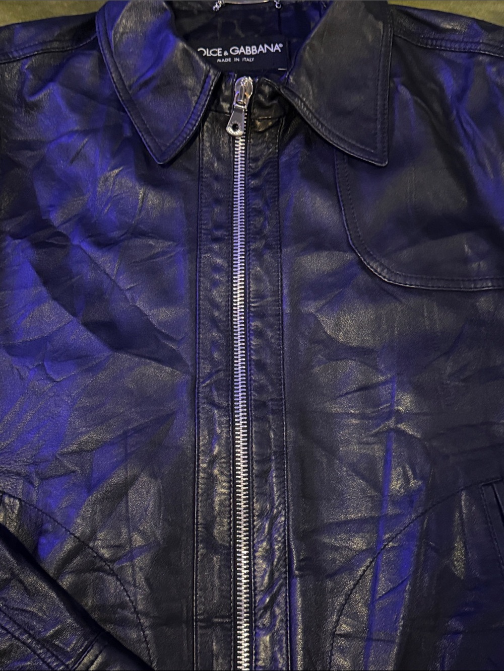 Dolce & Gabbana Black Leather Zip-Up Bomber Jacket with Silver Hardware